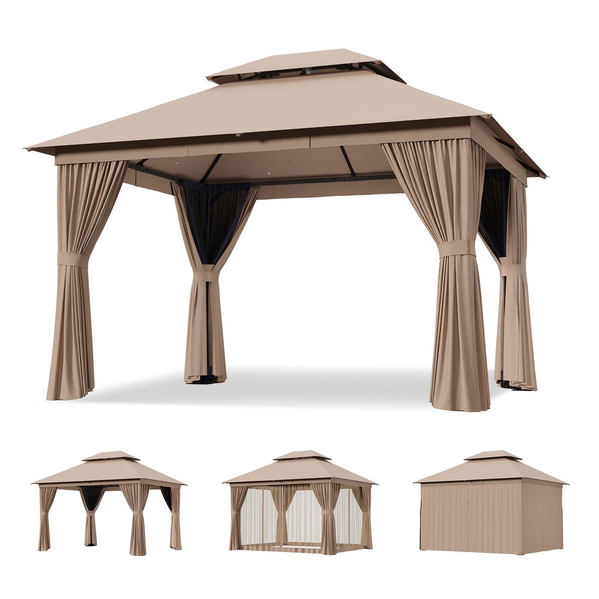 12'x10' Outdoor Gazebo with Curtain & Mosquito Netting, Beige E577625