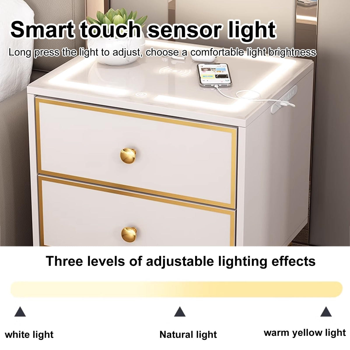 Smart Nightstand with Wireless Charging Station and 3 Colors Led Lights U563561