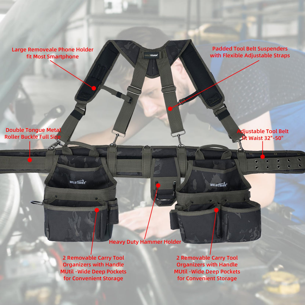 Camo Tool Belt with Suspenders Tool Pouch Organizer Heavy Duty Y272
