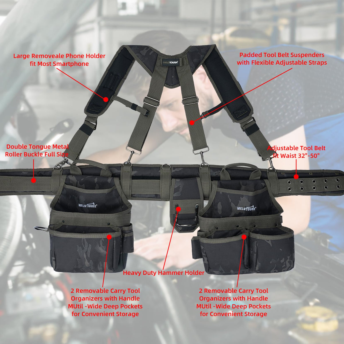 Camo Tool Belt with Suspenders Tool Pouch Organizer Heavy Duty Y272