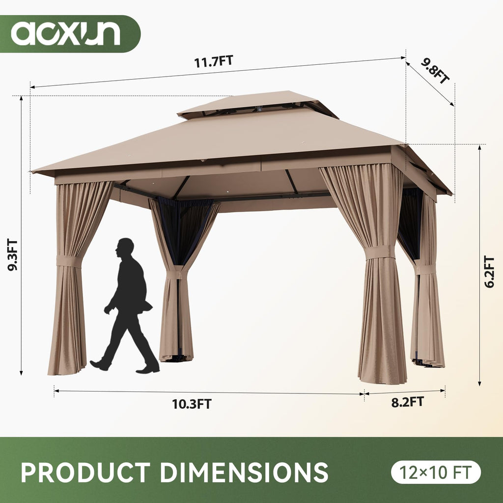 12'x10' Outdoor Gazebo with Curtain & Mosquito Netting, Beige E577625