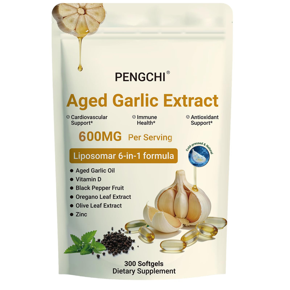 Aged Garlic Extract with Vitamin D Zinc Oregano Olive Leaf Black Pepper 300 Softgels T1041