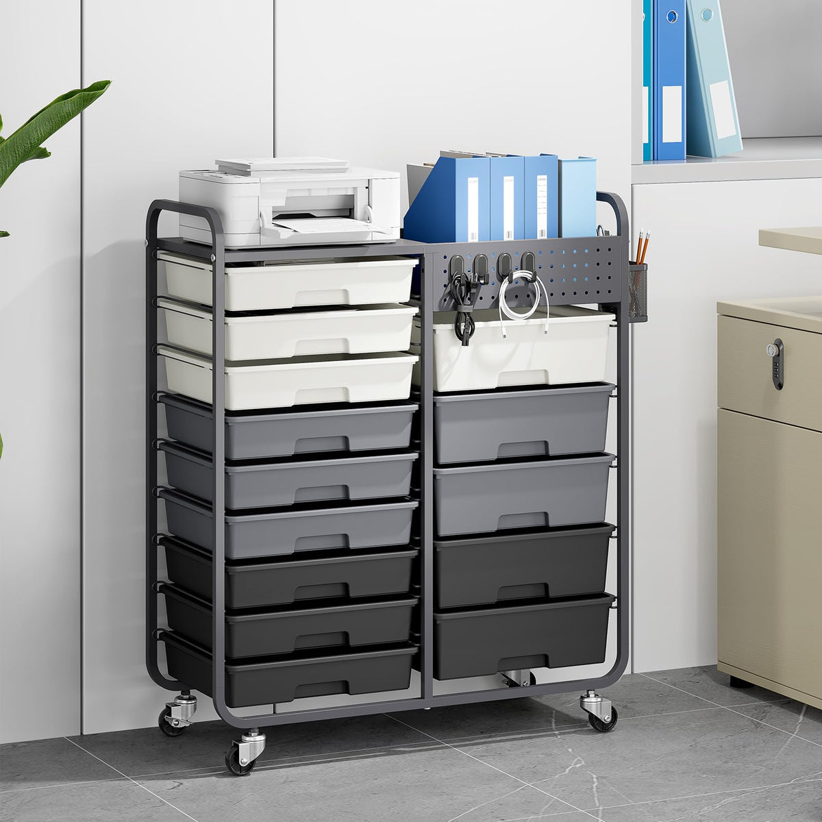 14 Drawer Rolling Storage Cart with Tabletop and Pegboard Grey C853