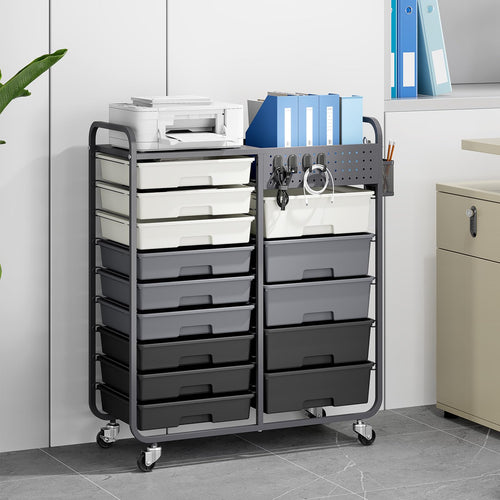 14 Drawer Rolling Storage Cart with Tabletop and Pegboard Grey C853