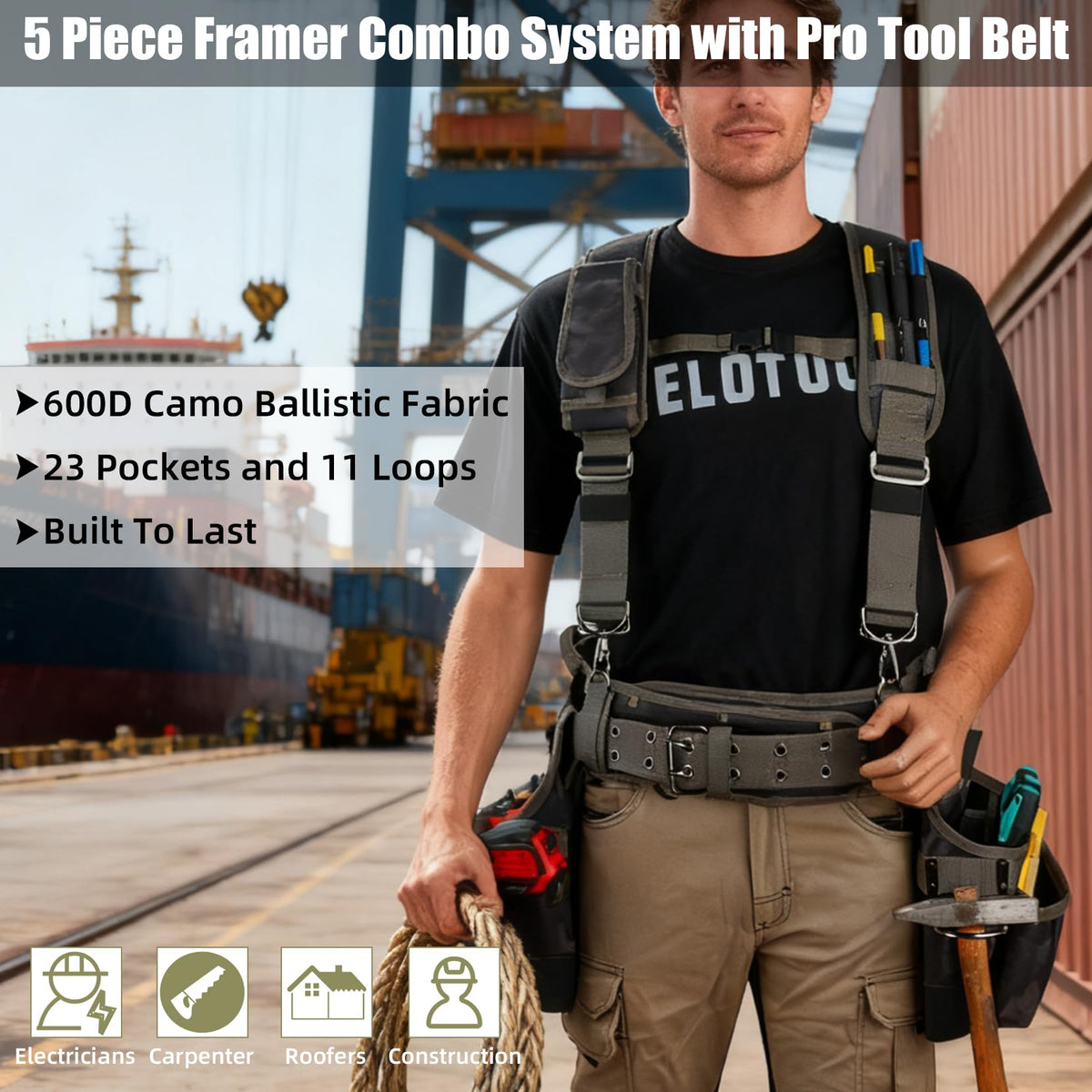 Camo Tool Belt with Suspenders Tool Pouch Organizer Heavy Duty Y272