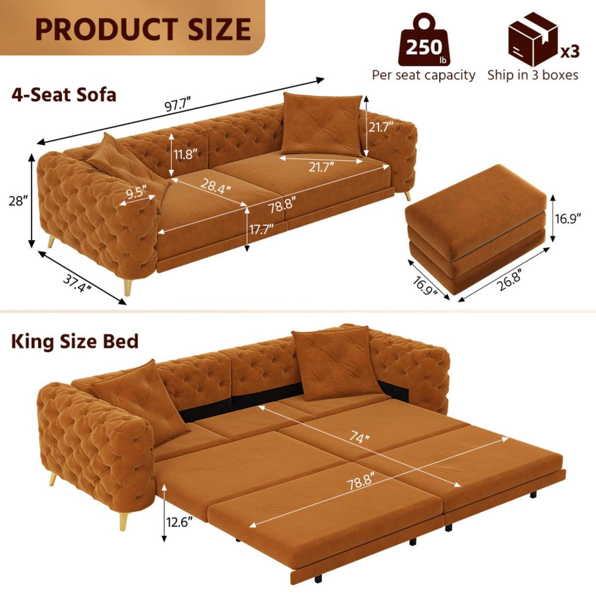 Queen Size Velvet Convertible Sofa Bed with Ottoman K6388