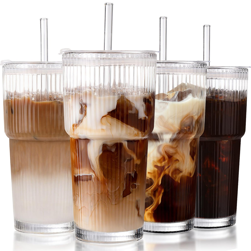 20oz Ribbed Iced Coffee Cups with Lids, 4 Pcs Glass Tumblers G912