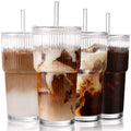 20oz Ribbed Iced Coffee Cups with Lids, 4 Pcs Glass Tumblers G912