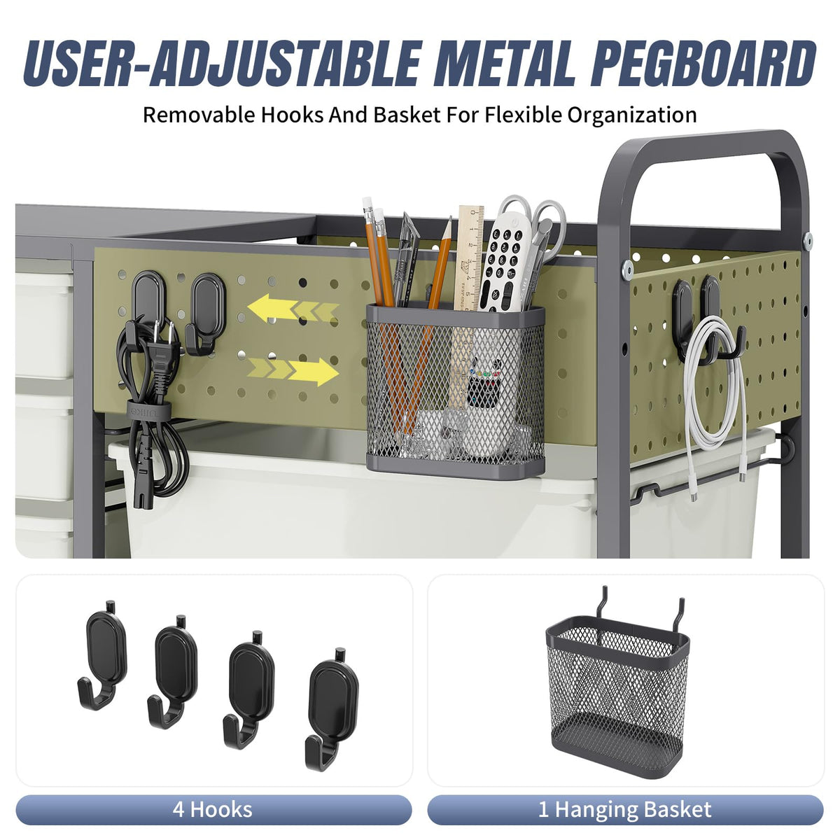 14 Drawer Rolling Storage Cart with Tabletop and Pegboard Grey C853