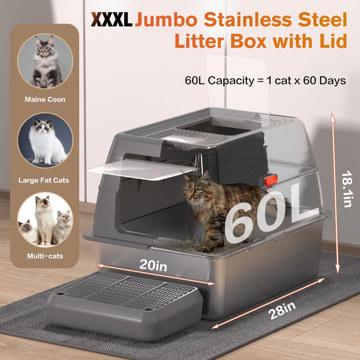 XXXL Stainless Steel Litter Box with Lid M811070