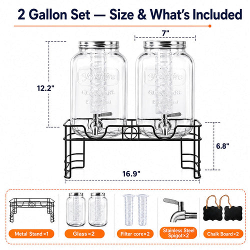 2 Gallon Glass Drink Dispensers with Stand, 2 Pack N685
