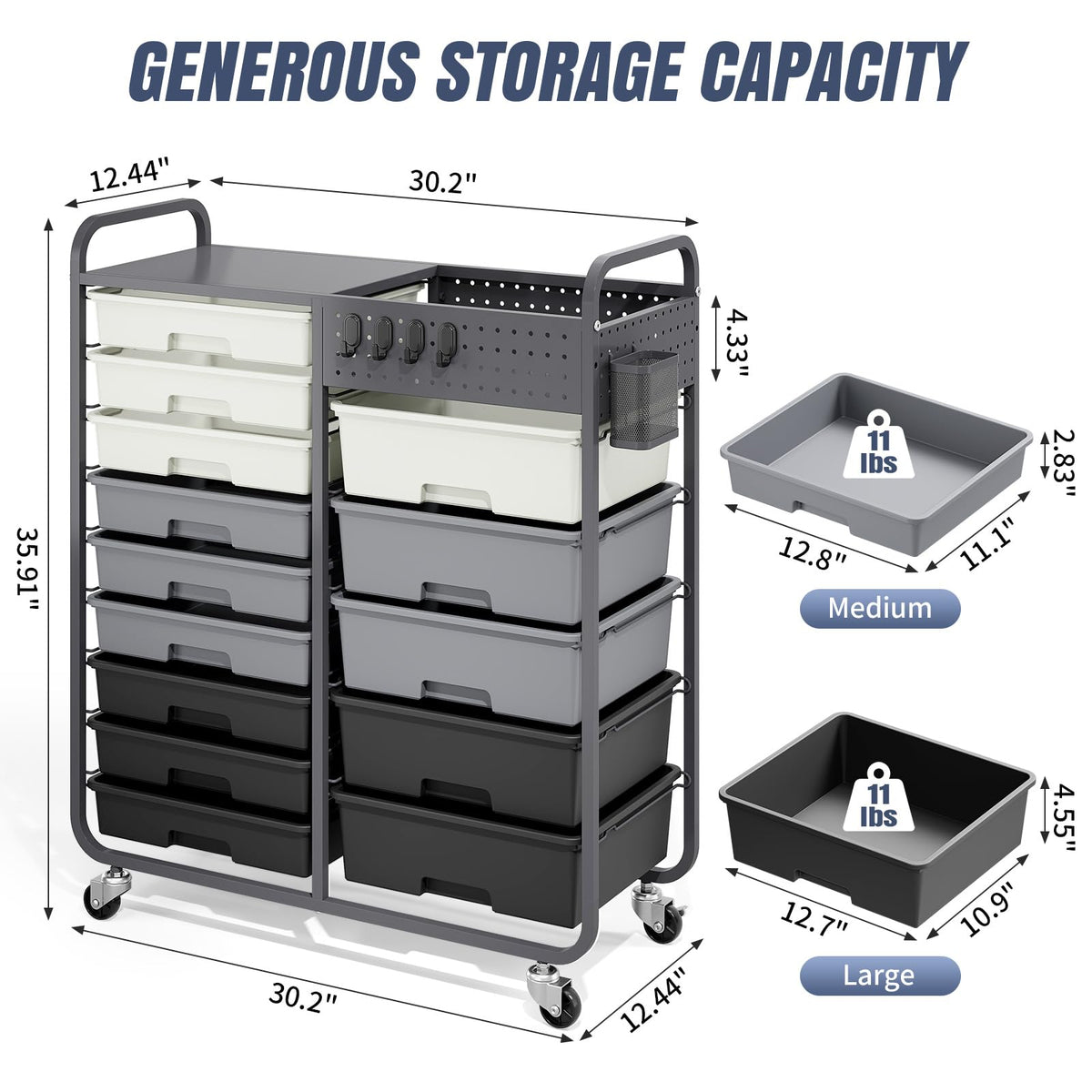 14 Drawer Rolling Storage Cart with Tabletop and Pegboard Grey C853