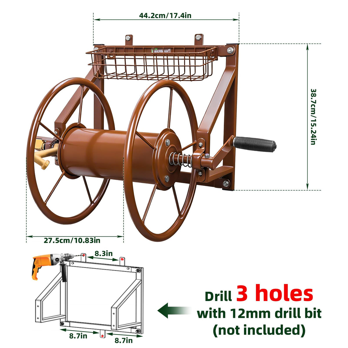 Wall Mount Metal Garden Hose Reel Holds 155ft 5/8" Hose R9376