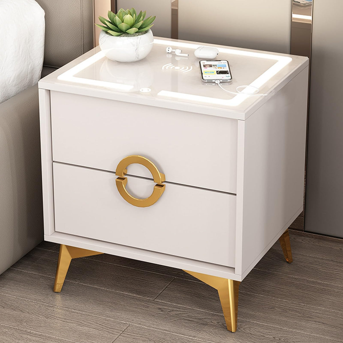 Smart Nightstand with Wireless Charging Station and 3 Colors Led Lights U563561