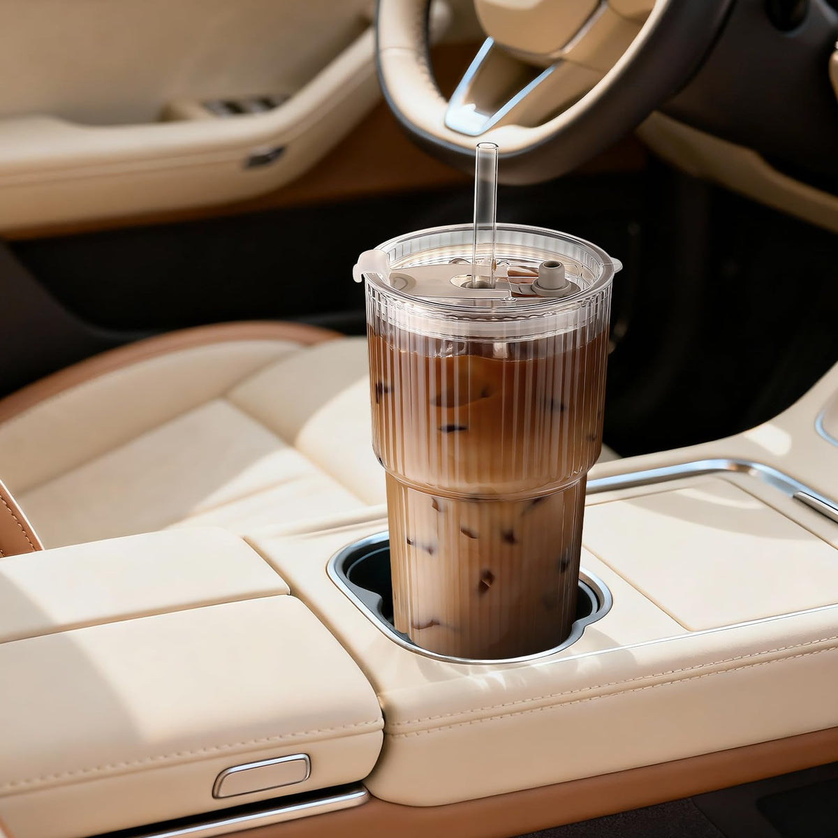20oz Ribbed Iced Coffee Cups with Lids, 4 Pcs Glass Tumblers G912