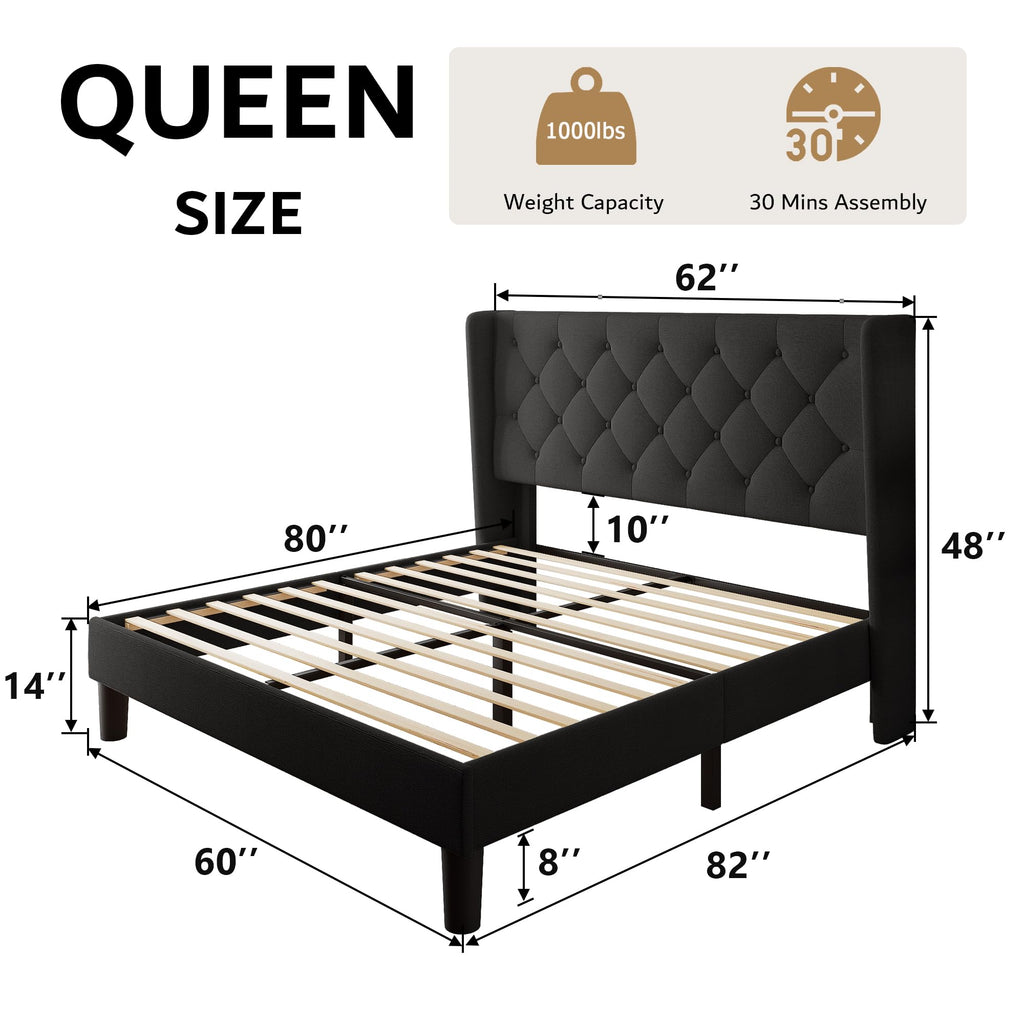 Queen Size Upholstered Platform Bed Frame with Tufted Headboard J62817