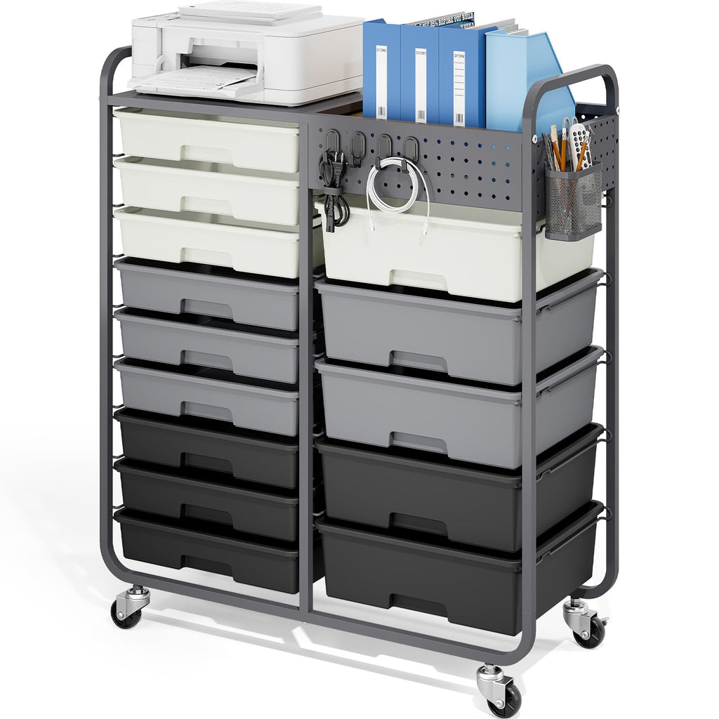 14 Drawer Rolling Storage Cart with Tabletop and Pegboard Grey C853