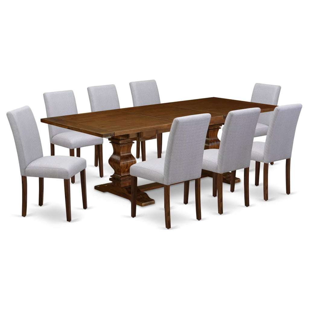 9 Piece Walnut Dining Table Set with 8 Grey Linen Chairs V5168