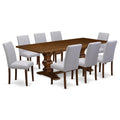9 Piece Walnut Dining Table Set with 8 Grey Linen Chairs V5168