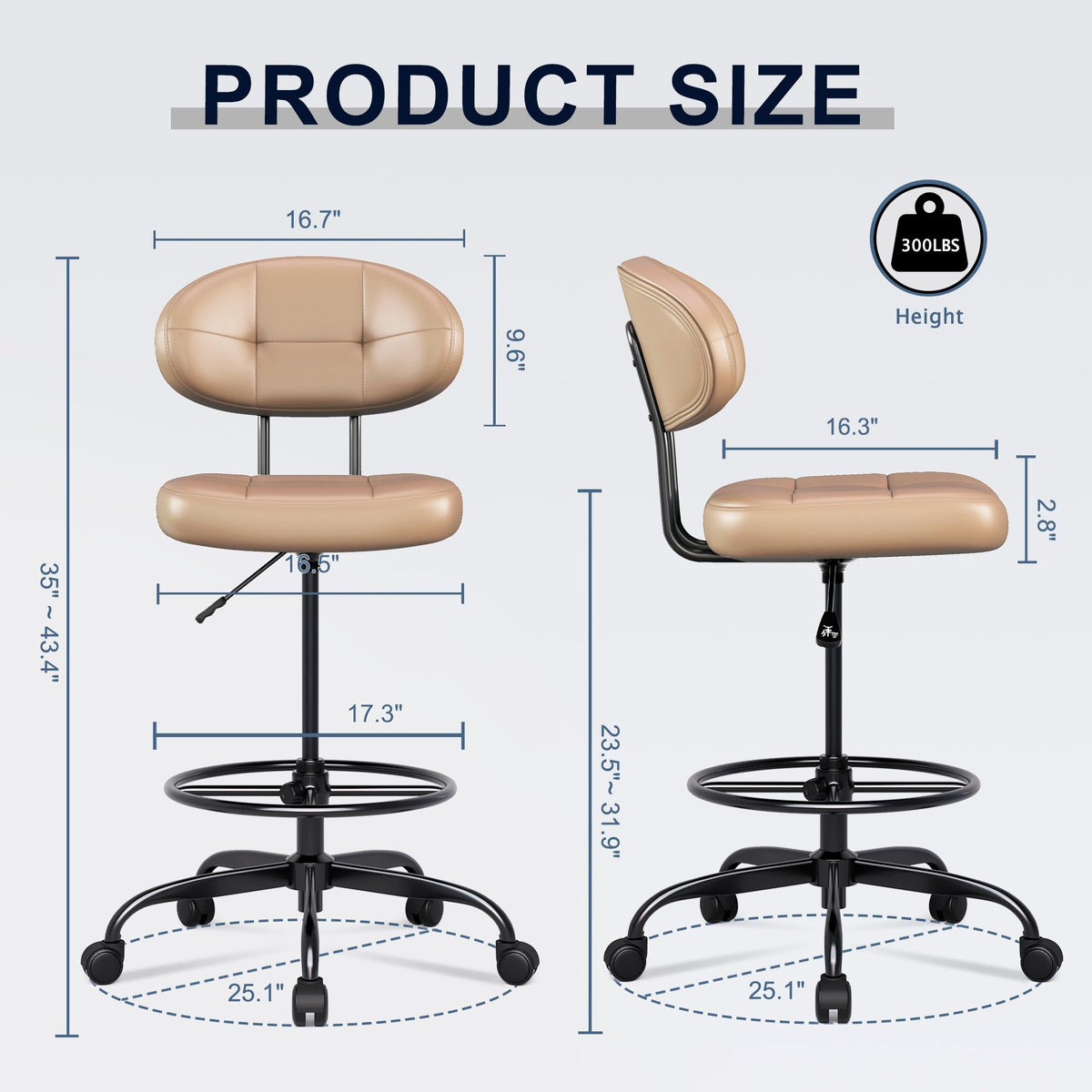 Brown Faux Leather Drafting Chair with Footrest Ring W3502