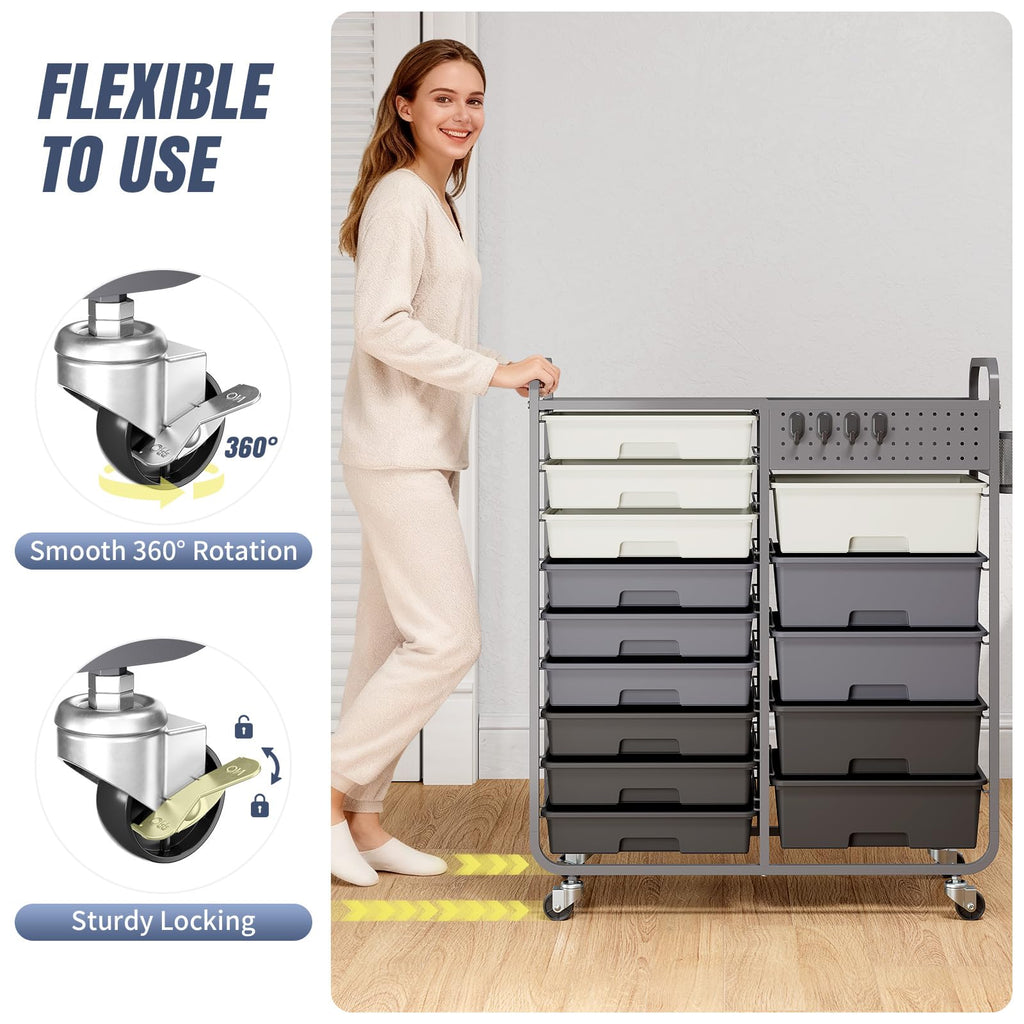 14 Drawer Rolling Storage Cart with Tabletop and Pegboard Grey C853