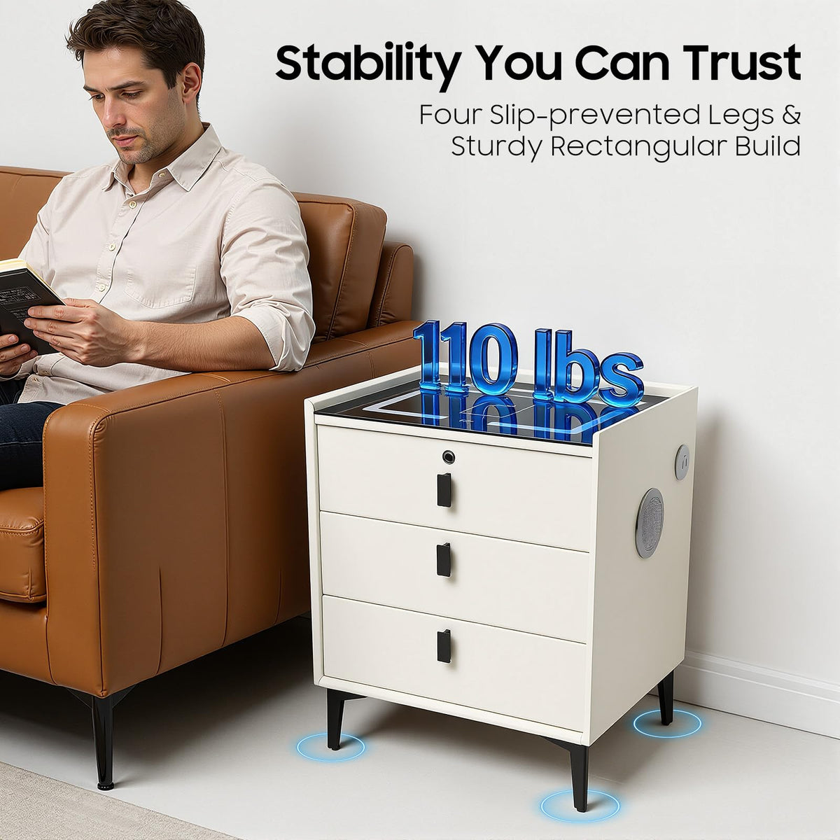 3 Drawers Nightstand with Fingerprint Lock and Wireless Charging T250