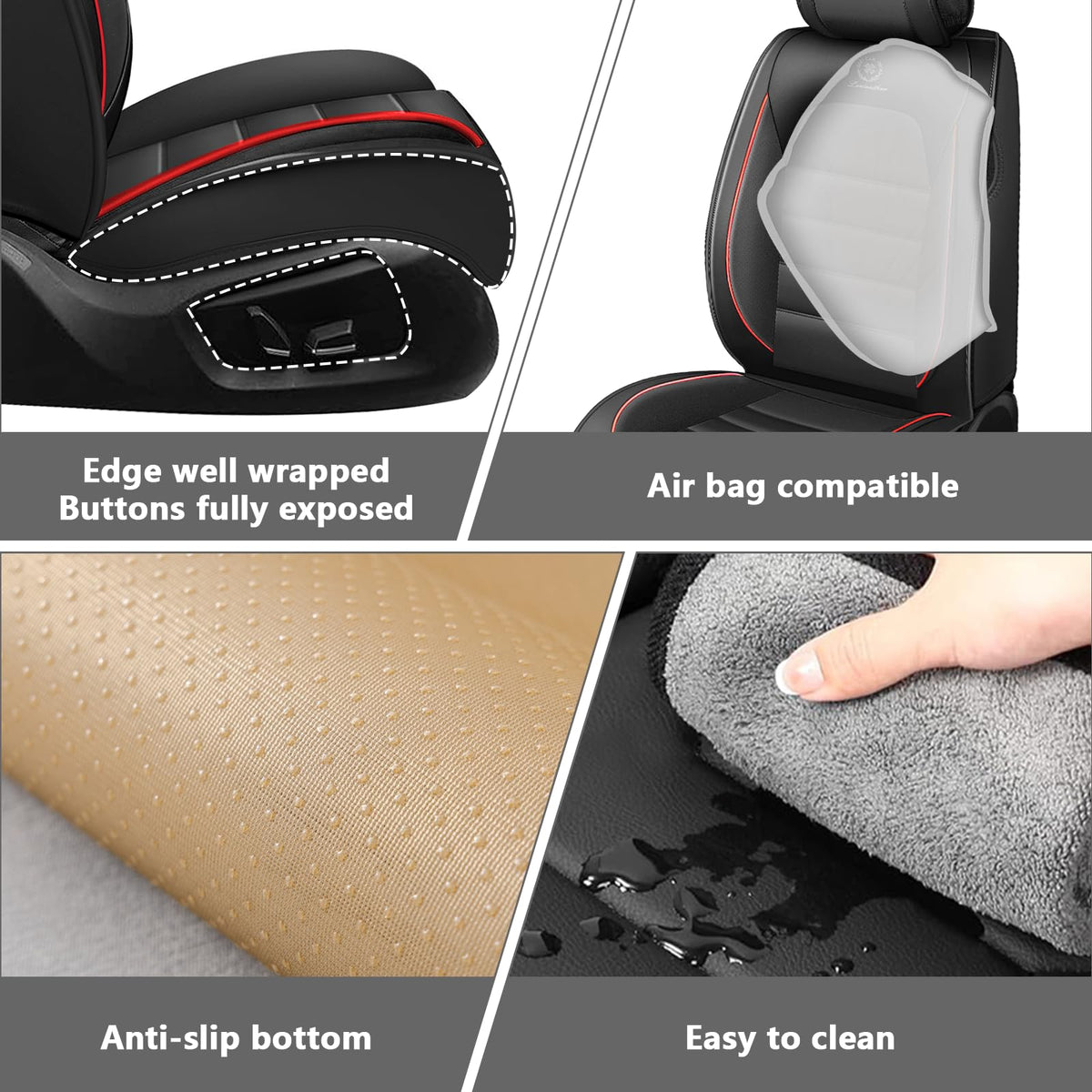 Waterproof Nappa Leather Car Seat Covers 5 Seats Black Red T6777