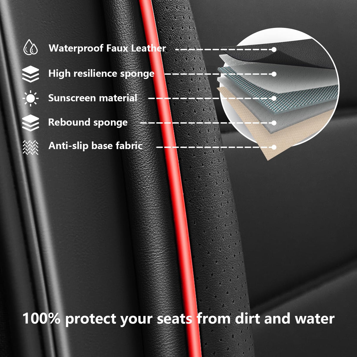 Waterproof Nappa Leather Car Seat Covers 5 Seats Black Red T6777