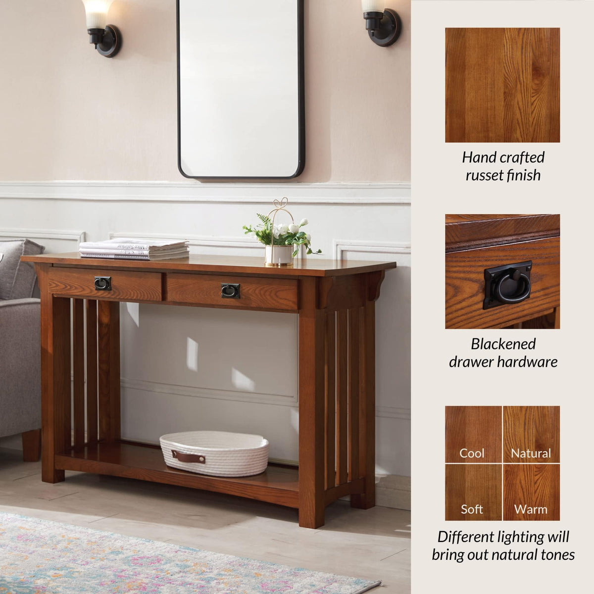 Transitional Solid Ash Console Table with 2 Drawers Y665