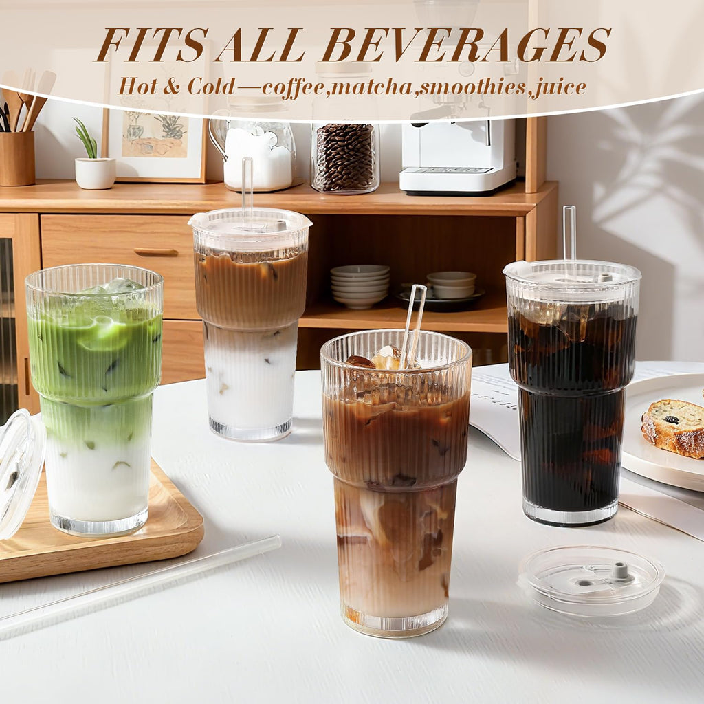 20oz Ribbed Iced Coffee Cups with Lids, 4 Pcs Glass Tumblers G912