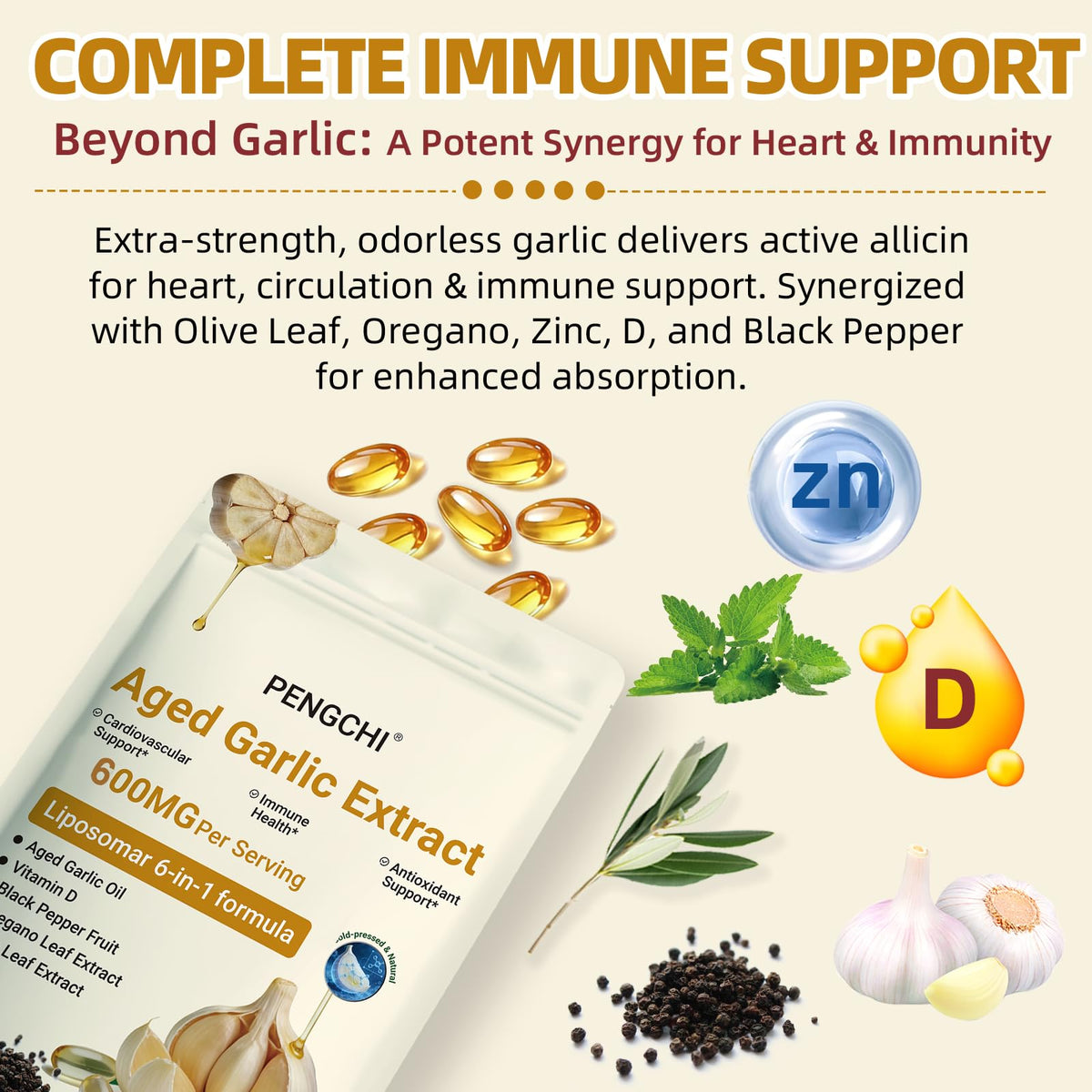 Aged Garlic Extract with Vitamin D Zinc Oregano Olive Leaf Black Pepper 300 Softgels T1041