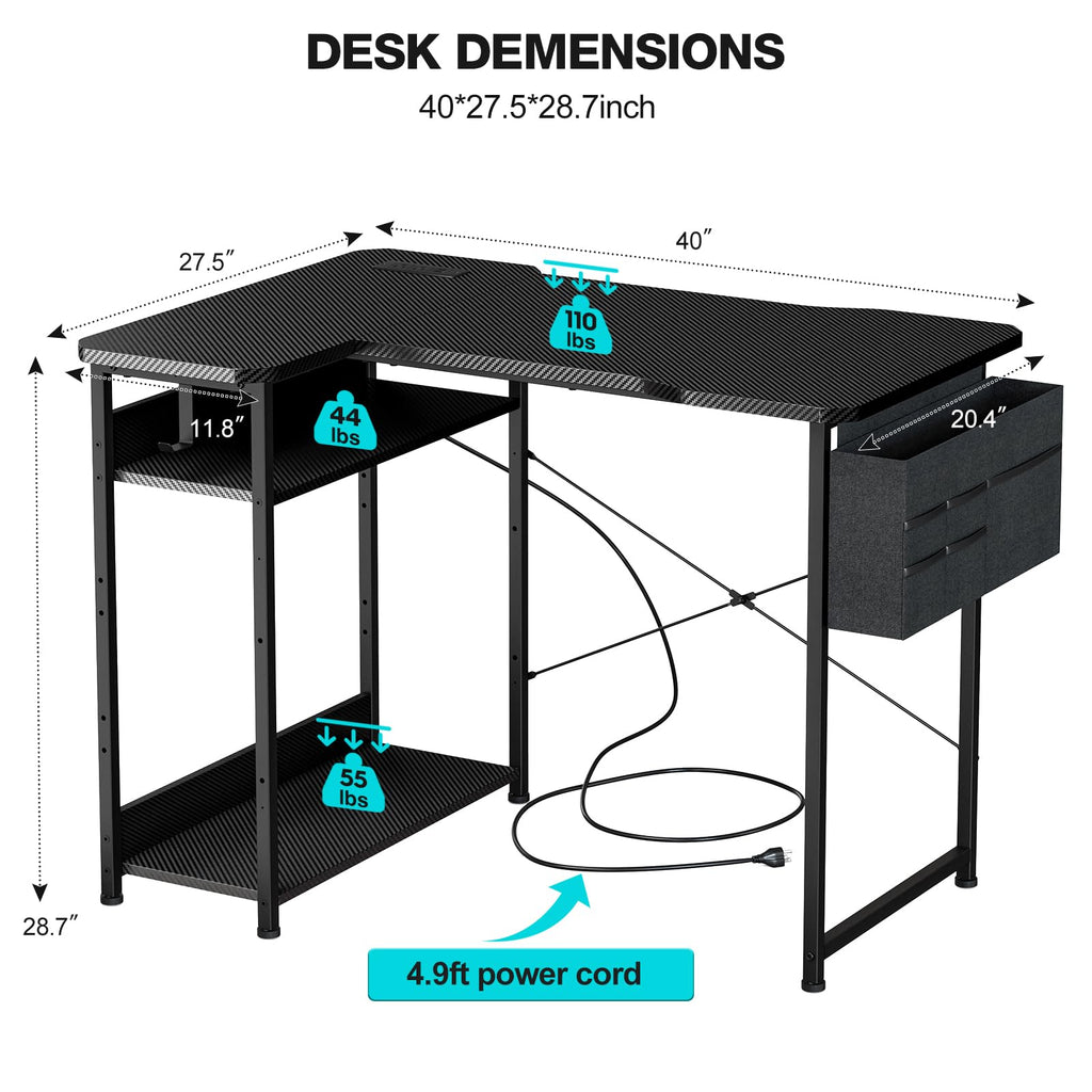 L Shaped Gaming Desk 40 Inch Black Carbon A96115