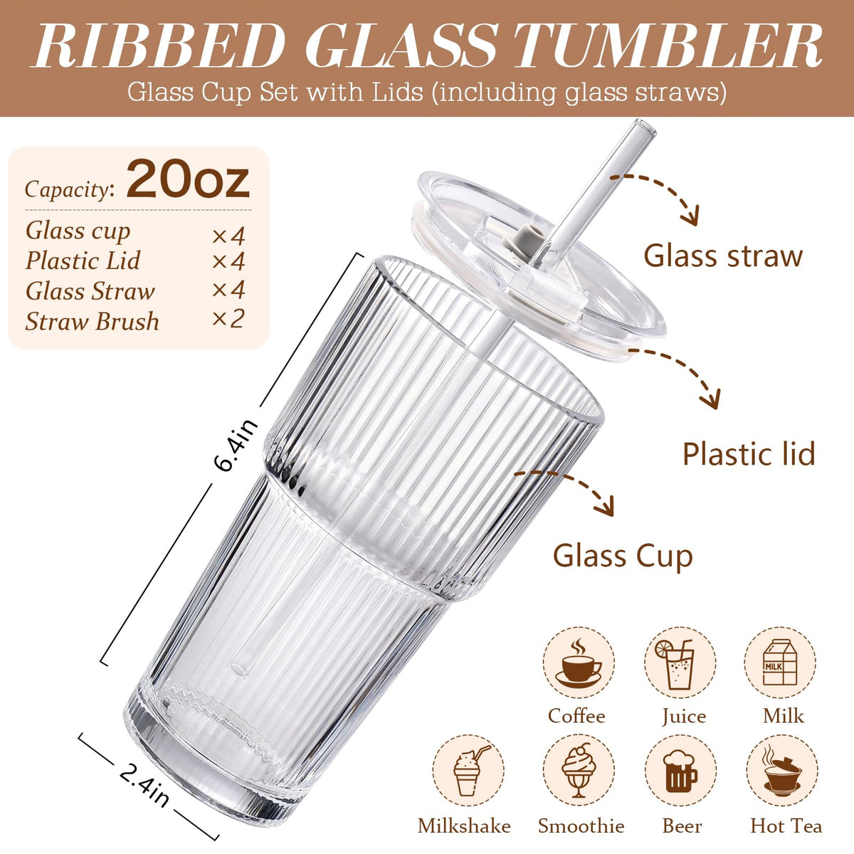 20oz Ribbed Iced Coffee Cups with Lids, 4 Pcs Glass Tumblers G912