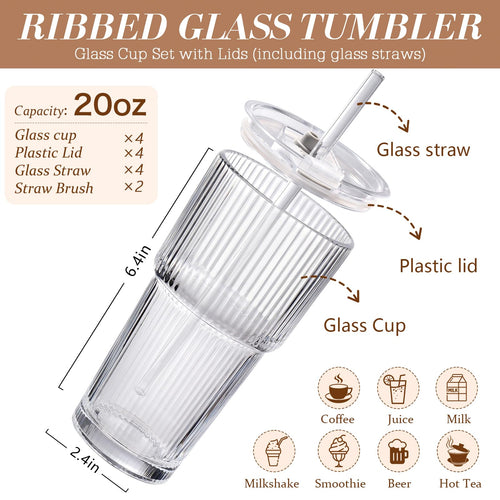 20oz Ribbed Iced Coffee Cups with Lids, 4 Pcs Glass Tumblers G912