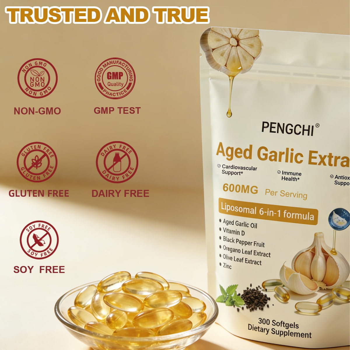Aged Garlic Extract with Vitamin D Zinc Oregano Olive Leaf Black Pepper 300 Softgels T1041