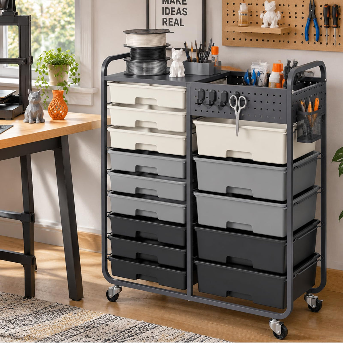 14 Drawer Rolling Storage Cart with Tabletop and Pegboard Grey C853