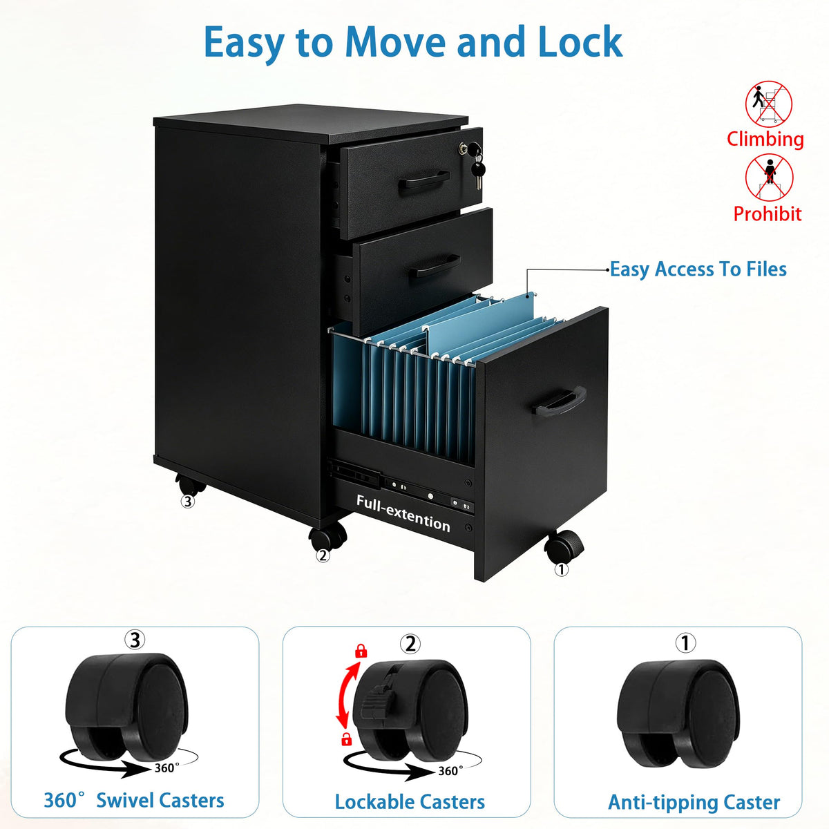3 Drawer Black Wood File Cabinet with Lock W5045