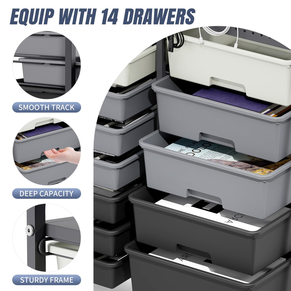 14 Drawer Rolling Storage Cart with Tabletop and Pegboard Grey C853