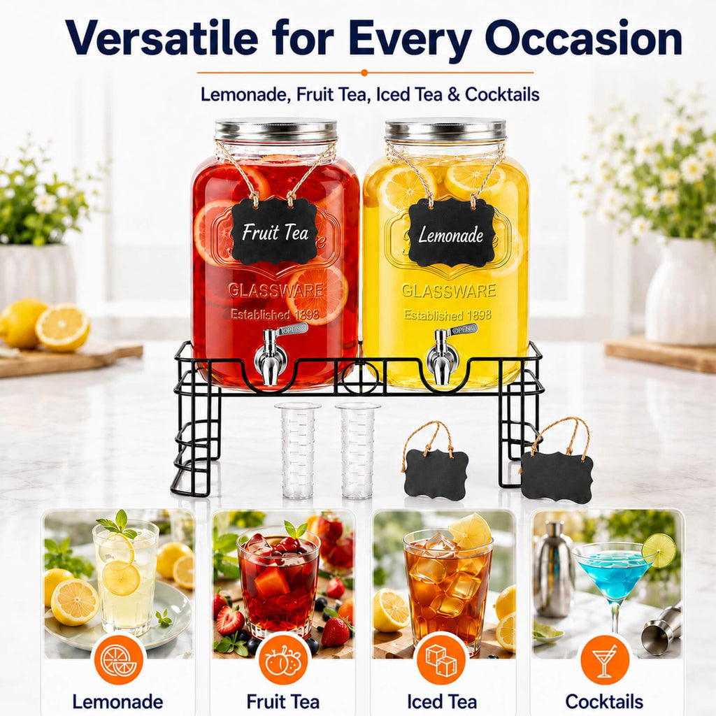2 Gallon Glass Drink Dispensers with Stand, 2 Pack N685