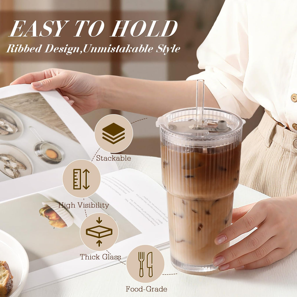 20oz Ribbed Iced Coffee Cups with Lids, 4 Pcs Glass Tumblers G912