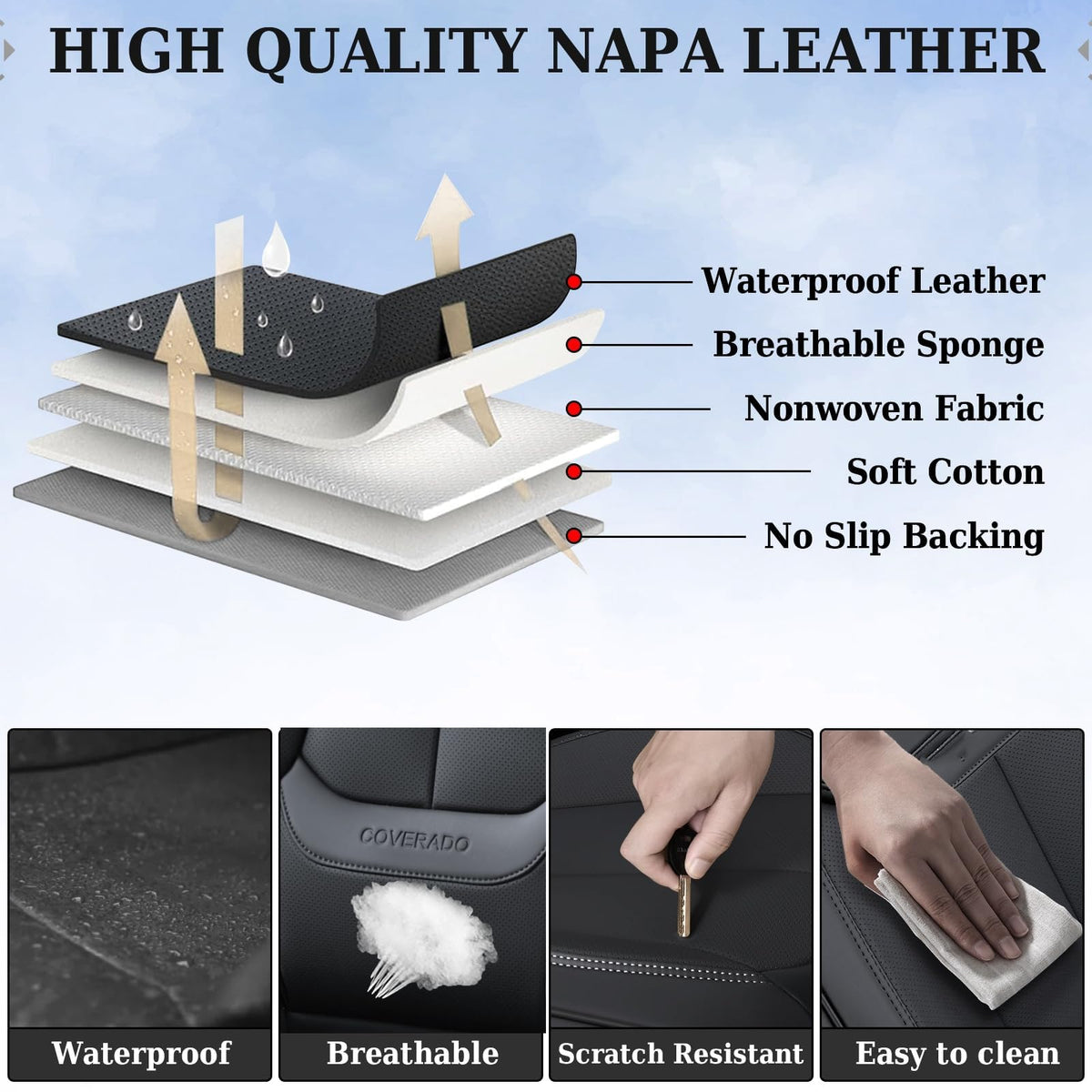 Black Full Set Waterproof Nappa Leather Car Seat Covers N1755