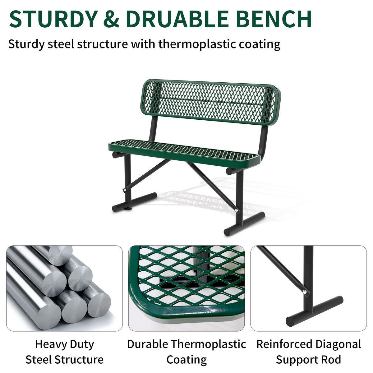 4FT Heavy Duty Metal Outdoor Bench with Backrest Z9558
