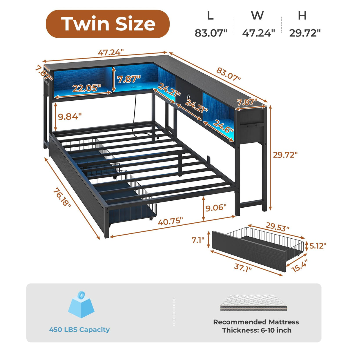Black Twin Metal Platform Bed Frame with Storage Drawers J4019