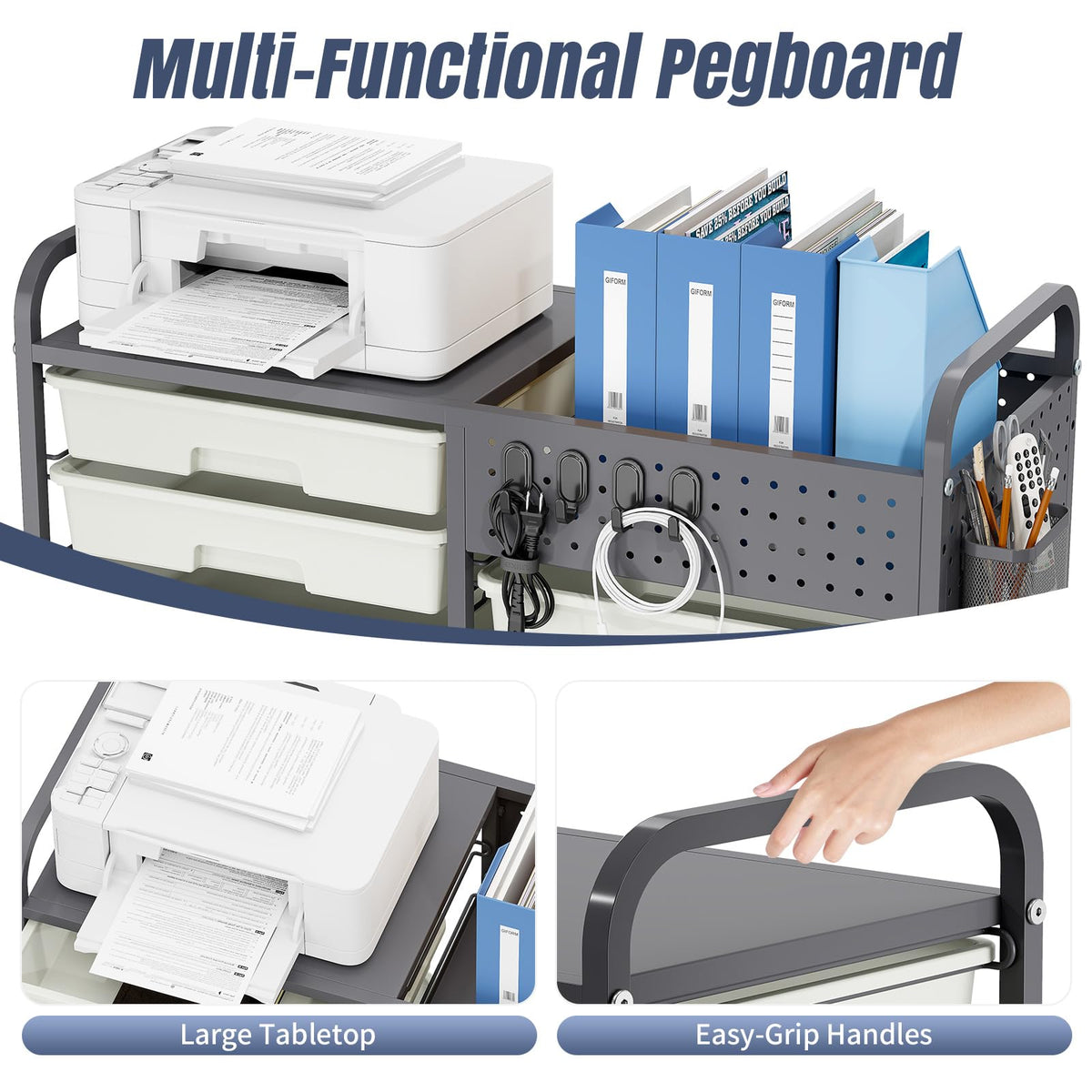 14 Drawer Rolling Storage Cart with Tabletop and Pegboard Grey C853