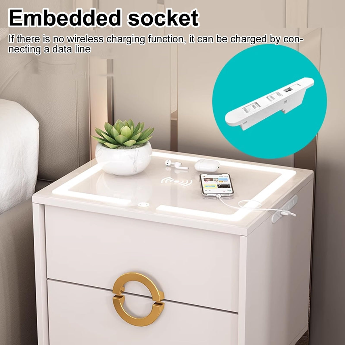 Smart Nightstand with Wireless Charging Station and 3 Colors Led Lights U563561