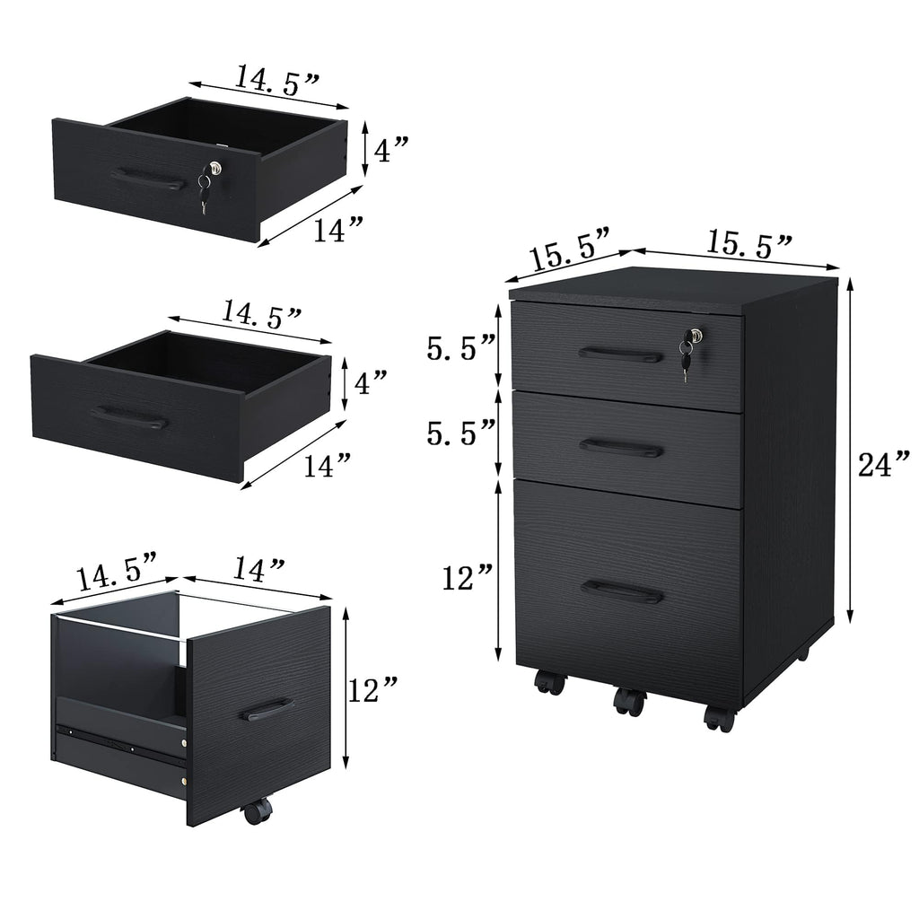 3 Drawer Black Wood File Cabinet with Lock W5045
