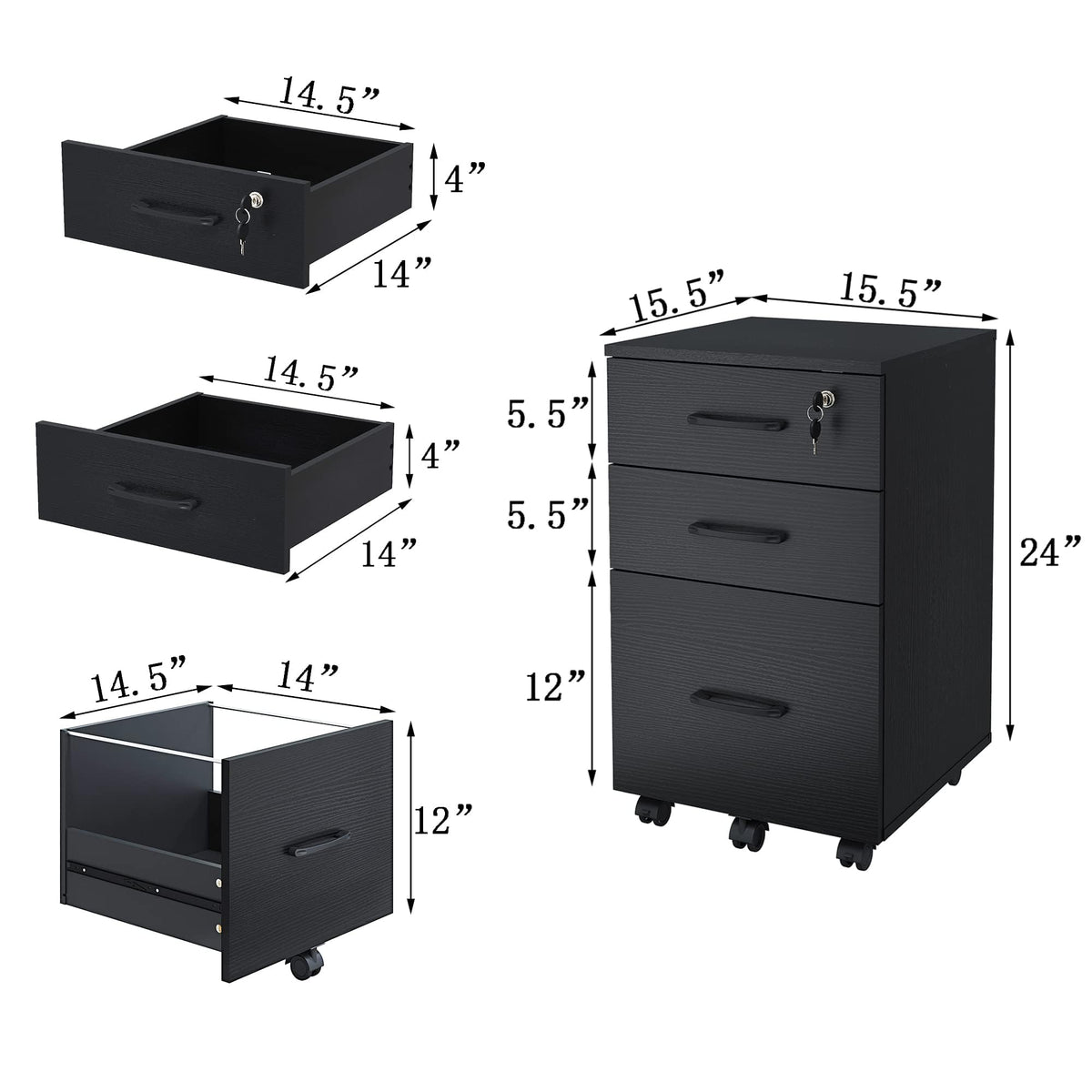 3 Drawer Black Wood File Cabinet with Lock W5045
