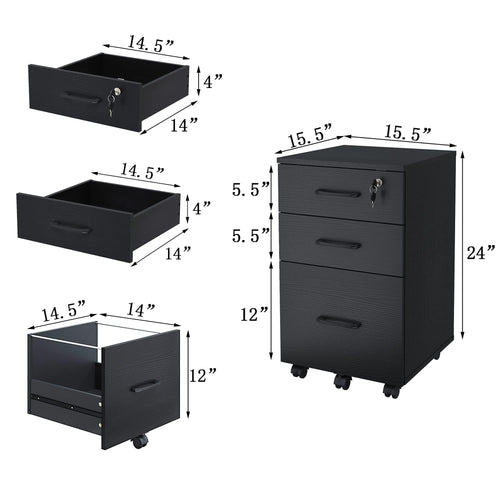 3 Drawer Black Wood File Cabinet with Lock W5045