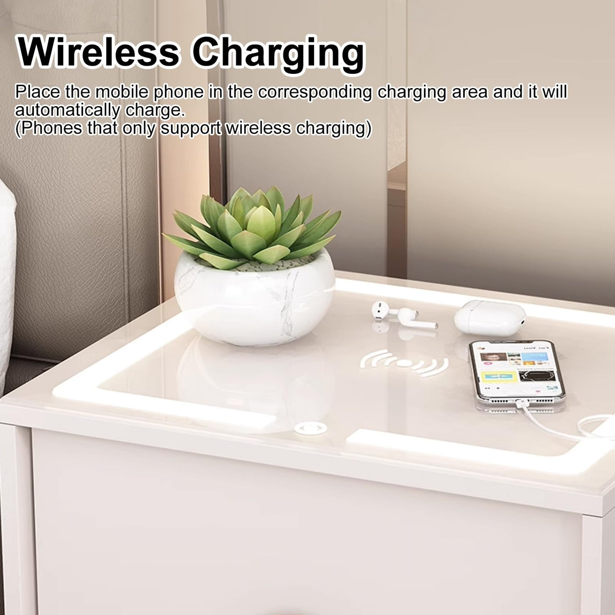Smart Nightstand with Wireless Charging Station and 3 Colors Led Lights U563561