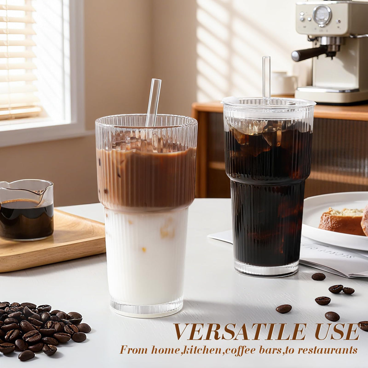 20oz Ribbed Iced Coffee Cups with Lids, 4 Pcs Glass Tumblers G912